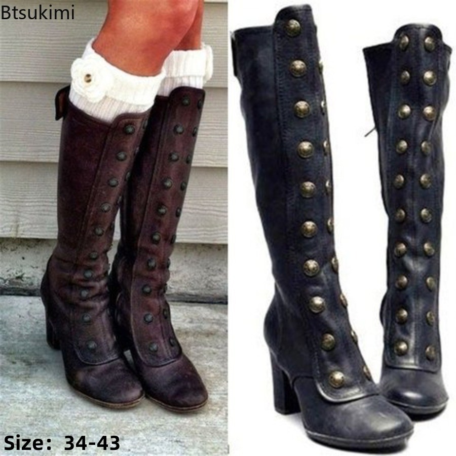 Women'S Fashion Knee High Boots - Retro Czarne Botki z Nitami na