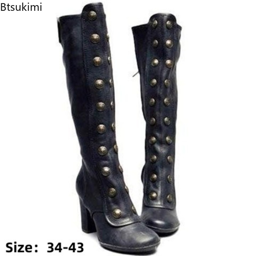 Retro Czarne Botki z Nitami na – Women'S Fashion Knee High Boots recenzja i cena